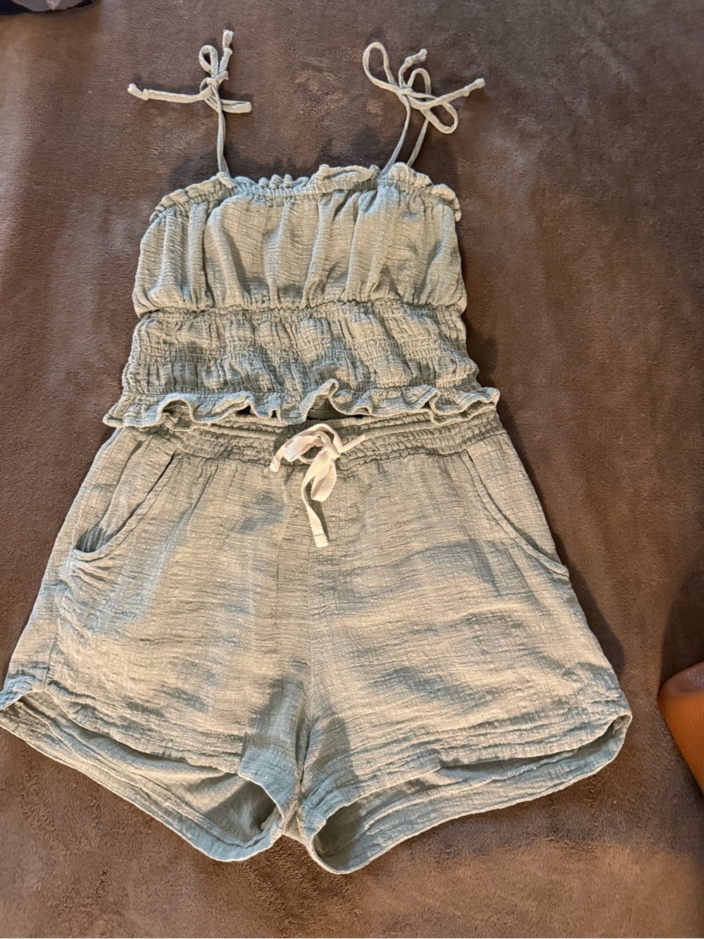 Light Green Smocked Cotton-Blend Women's Shorts and Top set.